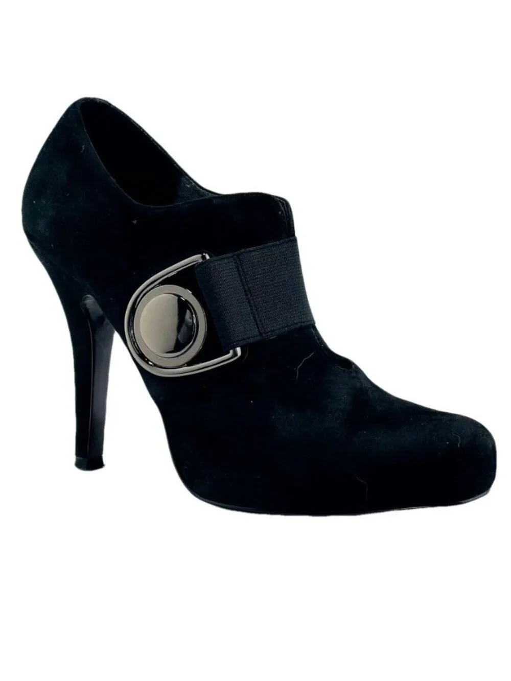 JESSICA SIMPSON Black Suede Heeled Booties With Large Buckle Accent